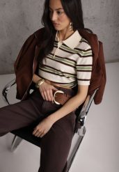 Zielono-Kremowy T-shirt Polo z Wiskozą w Paski z Guzikami Vevevia. Zielone koszulki sportowe damskie Renee, m, bez wzorów, z jeansu, bez ramiączek. Za 119.99 zł.