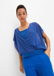 Bluzka shirtowa ze zrównoważonego materiału. Niebieskie bluzki damskie bonprix, bez wzorów, z dżerseju, eleganckie, bez kołnierzyka, bez ramiączek. Za 54.99 zł.