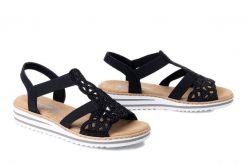 RIEKER V0646-00 black, sandały damskie. Czarne sandały damskie Rieker, bez wzorów, bez obcasa, bez zapięcia. Za 319.90 zł.