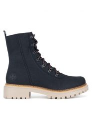 Rieker Botki 72643-14 Niebieski. Niebieskie botki damskie Rieker, z materiału, bez obcasa, na płaskiej podeszwie, bez zapięcia. Za 265.99 zł.