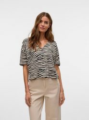 Vero Moda Koszulka w kolorze czarno-beżowym rozmiar: M. Brązowe bluzki damskie Vero Moda, m, bez wzorów, z wiskozy, bez kołnierzyka, bez ramiączek. Za 109.78 zł.