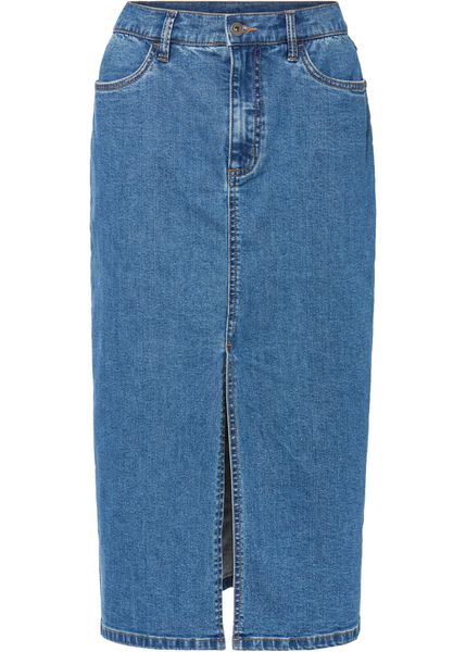 Długa spódnica dżinsowa z rozcięciem, z materiału Positive Denim #1 Fabric. Niebieskie spódnice damskie bonprix, bez wzorów, z bawełny, maxi. Za 149.99 zł.