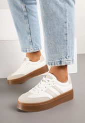 Beżowo-Białe Sneakersy w Stylu Tenisówek z Geometrycznym Wzorem Avelresil. Brązowe obuwie sportowe damskie Born2be, z jeansu, bez zapięcia, tenisowe. Za 99.99 zł.