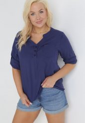 Granatowa Bluzka z Wiskozy i Rękawem 3/4 Arerissa. Niebieskie bluzki damskie Born2be, m, bez wzorów, z jeansu, bez kołnierzyka, bez ramiączek. Za 59.99 zł.