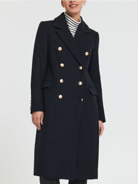 Płaszcz dwurzędowy - granatowy. Niebieskie płaszcze damskie Sinsay, l, bez wzorów, bez kaptura. Za 149.99 zł.
