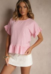 Różowa Bluzka Oversize Ozdobiona Falbanami Liriele. Czerwone bluzki damskie Renee, bez wzorów, z jeansu, bez kołnierzyka, bez ramiączek. Za 44.99 zł.