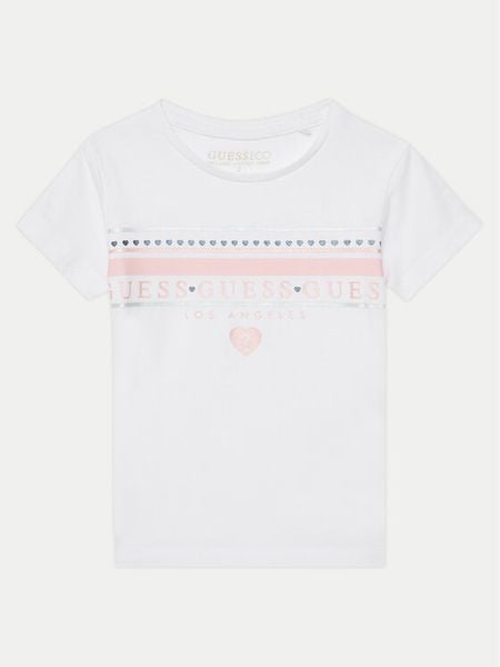 Guess T-Shirt K5GI00 K6YW4 Biały Regular Fit. Białe koszulki i t-shirty dziewczęce Guess, z aplikacjami, z bawełny, bez kołnierzyka, bez ramiączek. Za 49.99 zł.