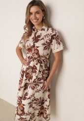 Brązowa Koszulowa Sukienka z Bawełnianej Tkaniny z Haftem w Rośliny Wzór Karicea. Brązowe sukienki damskie Born2be, bez wzorów, z bawełny, boho, bez ramiączek. Za 119.99 zł.
