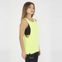 Top na siłownię damski NISHER żółty fluo. Czarne koszulki sportowe damskie LEGEA, bez wzorów, z bawełny, bez ramiączek, na fitness i siłownię. Za 52.00 zł.
