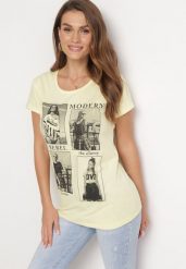 Żółty Bawełniany T-shirt z Nadrukiem i Brokatem Kruita. Żółte t-shirty damskie Born2be, l, bez wzorów, z bawełny, bez kołnierzyka. Za 49.99 zł.