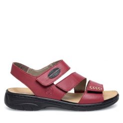 Sandały Rieker. Czerwone sandały damskie Rieker, bez wzorów, bez obcasa, na płaskiej podeszwie, bez zapięcia. Za 229.99 zł.