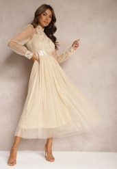 Jasnobeżowa Siateczkowa Sukienka Maxi o Rozkloszowanym Kroju z Ozdobną Koronką Narile. Brązowe sukienki damskie Renee, bez wzorów, z koronki, eleganckie, bez ramiączek. W wyprzedaży za 167.99 zł.