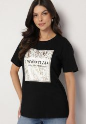Czarny Bawełniany T-shirt Ozdobiony Nadrukiem Nelltaria. Czarne t-shirty damskie Born2be, m, bez wzorów, z bawełny, bez kołnierzyka. Za 39.99 zł.