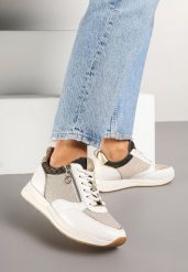 Beżowo-Złote Sneakersy z Wkładką ze Skóry Naturalnej Zdobione Suwakiem Fihanor. Brązowe obuwie sportowe damskie Renee, z jeansu, bez zapięcia. Za 119.99 zł.