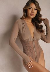 Beżowe Siateczkowe Body z Głębokim Dekoltem w Stylu Gorsetowym Pigia. Brązowe body i gorsety Renee, bez wzorów. Za 99.99 zł.
