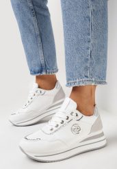 Biało-Srebrne Sneakersy na Platformie z Lamówką Ozdobione Naszywką Liseart. Białe obuwie sportowe damskie Born2be, bez zapięcia. Za 69.99 zł.