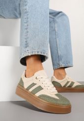 Zielono-Beżowe Sneakersy na Kauczukowej Podeszwie Ardislo. Zielone obuwie sportowe damskie Born2be, z jeansu, bez zapięcia. Za 89.99 zł.