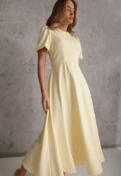 Żółta Rozkloszowana Sukienka Koktajlowa VICES na Krótki Rękaw Nessesha. Żółte sukienki damskie Renee, bez wzorów, eleganckie, bez ramiączek. Za 199.99 zł.