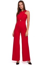 Czerwony Elegancki Kombinezon z Przekładanym Przodem. Czerwone kombinezony damskie MAKEOVER, l, bez wzorów, z elastanu, eleganckie, bez kołnierzyka, bez ramiączek. Za 204.91 zł.