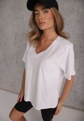 Biały T-shirt Bawełniany z Dekoltem w V Adozixie. Białe t-shirty damskie Renee, bez wzorów, z bawełny, bez kołnierzyka. Za 79.99 zł.