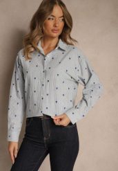 Niebieska Koszula z Bawełny w Serduszka i Drobne Paseczki Fenimalla. Niebieskie koszule damskie Renee, l, bez wzorów, z bawełny, eleganckie, bez kołnierzyka, bez ramiączek. Za 109.99 zł.