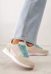 Beżowe Sneakersy z Siateczką i Modnymi Wstawkami Corona. Brązowe obuwie sportowe damskie Renee, z jeansu, bez zapięcia. Za 109.99 zł.