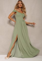 Jasnozielona Elegancka Długa Sukienka Hiszpanka Wykończona Rozcięciem na Dole Idelia. Zielone sukienki damskie Renee, bez wzorów, z materiału, eleganckie, bez ramiączek. W wyprzedaży za 159.99 zł.