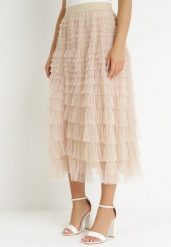 Beżowa Rozkloszowana Spódnica Maxi z Falbankami z Tiulu Davena. Brązowe spódnice damskie Born2be, m, z aplikacjami, z tiulu, maxi. Za 149.99 zł.