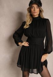 Czarna Rozkloszowana Sukienka z Półprzeźroczystymi Wstawkami i Stójką Gelabine. Czarne sukienki damskie Renee, bez wzorów, eleganckie, bez ramiączek. W wyprzedaży za 111.99 zł.