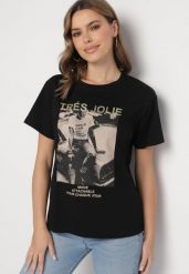 Czarny T-shirt z Bawełny Ozdobiony Nadrukiem i Brokatem Marionel. Czarne t-shirty damskie Born2be, m, z aplikacjami, z bawełny, bez kołnierzyka. Za 34.99 zł.