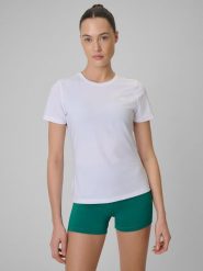 4F Koszulka treningowa regular szybkoschnąca damska - biała XS. Białe bluzki damskie 4F, xs, bez wzorów, bez kołnierzyka, bez ramiączek. Za 79.99 zł.