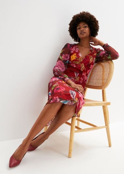 Sukienka midi. Czerwone sukienki damskie bonprix, bez wzorów, bez ramiączek. Za 169.99 zł.