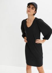 Sukienka z dżerseju z bufiastymi rękawami. Czarne sukienki damskie bonprix, bez wzorów, z dżerseju, bez ramiączek. Za 47.99 zł.