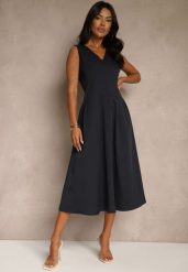 Granatowa Rozkloszowana Sukienka z Dekoltem w Kształcie Litery V Agilia. Niebieskie sukienki damskie Renee, bez wzorów, bez ramiączek. Za 139.99 zł.