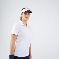 Koszulka polo tenisowa damska Artengo Dry Essential 100. Białe bluzki damskie ARTENGO, xs, bez wzorów, z materiału, bez kołnierzyka, bez ramiączek. Za 29.99 zł.