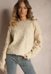 Beżowy Luźny Sweter o Pudełkowym Kroju i Tłoczonym Splocie ze Ściągaczami Elomara. Brązowe swetry klasyczne damskie Renee, z jeansu, bez kołnierzyka. Za 129.99 zł.