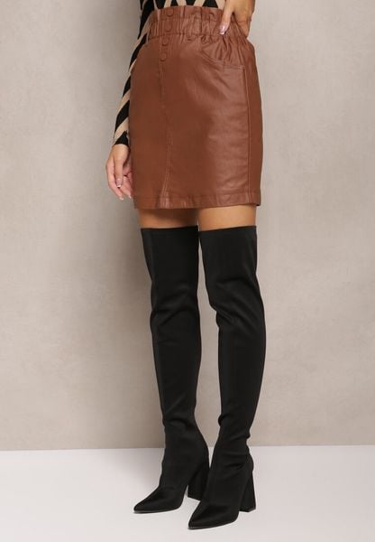 Brązowa Spódnica z Ekoskóry z Ozdobnie Marszczoną Talią Selja. Brązowe spódnice damskie Renee, na co dzień, l, bez wzorów, eleganckie, mini. Za 79.99 zł.