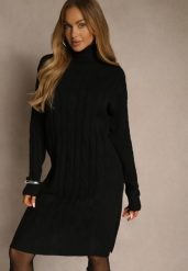 Czarna Sukienka Sweterkowa z Golfem Wełną Bawełną i Ozdobnym Splotem Reilenea. Czarne sukienki damskie Renee, bez wzorów, z bawełny, eleganckie, bez ramiączek. Za 79.99 zł.