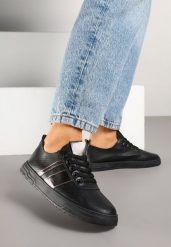 Czarne Tenisówki Ozdobione Paskami Meloti. Czarne obuwie sportowe damskie Renee, z jeansu, bez zapięcia, tenisowe. Za 49.99 zł.