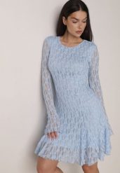 Niebieska Sukienka Koronkowa z Rozkloszowanymi Rękawami Cinatea. Niebieskie sukienki damskie Born2be, bez wzorów, z koronki, bez ramiączek. Za 149.99 zł.