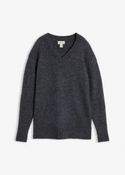 Sweter z domieszką wełny. Szare swetry klasyczne damskie bonprix, z wełny, bez kołnierzyka. Za 129.99 zł.