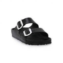 Klapki damskie Birkenstock Arizona Eva Calz S. Czarne klapki damskie Birkenstock, bez wzorów, z materiału, bez obcasa, bez zapięcia. Za 449.99 zł.