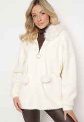 Jasnobeżowa Bluza z Wiskozą Wełną Kapturem Pomponami i Odpinanym Futerkiem Delavine. Brązowe bluzy damskie Born2be, l, bez wzorów, z jeansu. Za 229.99 zł.