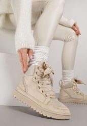 Beżowe Sneakersy z Ozdobnymi Sznurówkami Eveslia. Brązowe obuwie sportowe damskie Born2be, z jeansu, bez zapięcia. Za 119.99 zł.