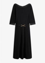 Sukienka z materiału punto di roma z satynowym paskiem. Czarne sukienki damskie bonprix, bez wzorów, z satyny, eleganckie, bez ramiączek. Za 219.99 zł.