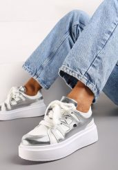 Biało-Srebrne Sneakersy na Platformie Revin. Białe obuwie sportowe damskie Born2be, bez zapięcia. Za 39.99 zł.