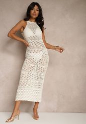 Beżowa Ażurowa Sukienka o Taliowanym Kroju Bez Rękawów Tialiera. Brązowe sukienki damskie Renee, w ażurowe wzory, eleganckie, bez ramiączek. W wyprzedaży za 67.99 zł.