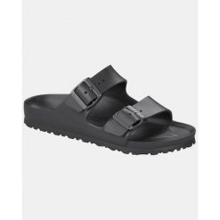 Klapki Birkenstock Arizona Eva. Czarne klapki damskie Birkenstock, bez wzorów, z materiału, bez obcasa, bez zapięcia. Za 456.00 zł.