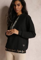 Czarna Bluza z Błyszczącymi Napisami i Cyrkoniami Faenora. Czarne bluzy damskie Renee, xs, bez wzorów, z jeansu, bez kaptura. Za 49.99 zł.