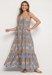 Niebiesko-Beżowa Sukienka o Rozkloszowanym Kroju Boho na Cienkich Ramiączkach Tosave. Niebieskie sukienki damskie Born2be, z aplikacjami, boho, bez ramiączek. Za 89.99 zł.